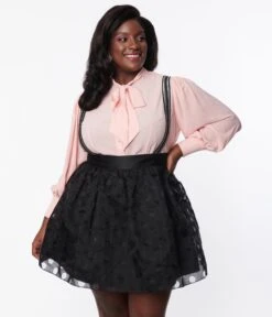 Unique Vintage Plus Size Black Polka Dot Tulle Suspender Mini Skirt -Pleaser Clothing Store unique vintage plus size black polka dot tulle suspender mini skirt 204658