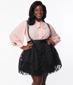 Unique Vintage Plus Size Black Polka Dot Tulle Suspender Mini Skirt -Pleaser Clothing Store unique vintage plus size black polka dot tulle suspender mini skirt 509504