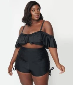 Unique Vintage Plus Size Black Pull Tie Swim Shorts -Pleaser Clothing Store unique vintage plus size black pull tie swim shorts 377450