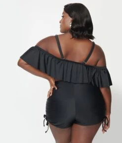 Unique Vintage Plus Size Black Pull Tie Swim Shorts -Pleaser Clothing Store unique vintage plus size black pull tie swim shorts 495425