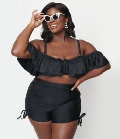 Unique Vintage Plus Size Black Pull Tie Swim Shorts -Pleaser Clothing Store unique vintage plus size black pull tie swim shorts 935124