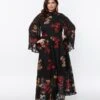 Unique Vintage Plus Size Black Red & Gold Floral Bell Sleeve Maxi Dress