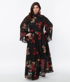 Unique Vintage Plus Size Black Red & Gold Floral Bell Sleeve Maxi Dress