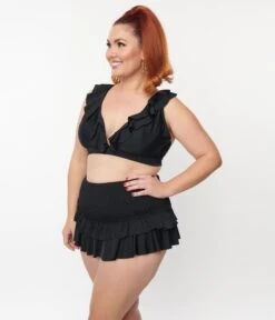 Unique Vintage Plus Size Black Ruffle Halter Swim Top -Pleaser Clothing Store unique vintage plus size black ruffle halter swim top 540577