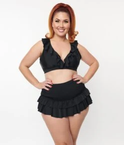 Unique Vintage Plus Size Black Ruffle Halter Swim Top -Pleaser Clothing Store unique vintage plus size black ruffle halter swim top 588528
