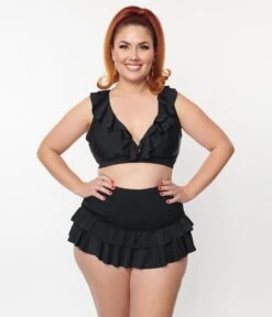 Unique Vintage Plus Size Black Ruffle Halter Swim Top -Pleaser Clothing Store unique vintage plus size black ruffle halter swim top 985094