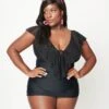 Unique Vintage Plus Size Black Ruffle Sheath Swimsuit