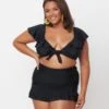 Unique Vintage Plus Size Black Ruffled Cap Sleeve Frida Swim Top