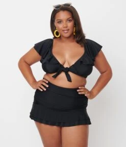 Unique Vintage Plus Size Black Ruffled Cap Sleeve Frida Swim Top -Pleaser Clothing Store unique vintage plus size black ruffled cap sleeve frida swim top 715191