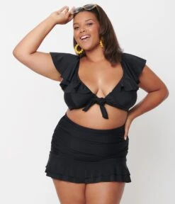 Unique Vintage Plus Size Black Ruffled Cap Sleeve Frida Swim Top -Pleaser Clothing Store unique vintage plus size black ruffled cap sleeve frida swim top 782231