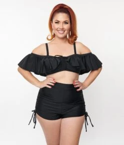 Unique Vintage Plus Size Black Ruffled Swim Top -Pleaser Clothing Store unique vintage plus size black ruffled swim top 367217