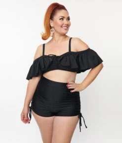 Unique Vintage Plus Size Black Ruffled Swim Top -Pleaser Clothing Store unique vintage plus size black ruffled swim top 670984