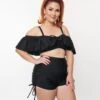 Unique Vintage Plus Size Black Ruffled Swim Top