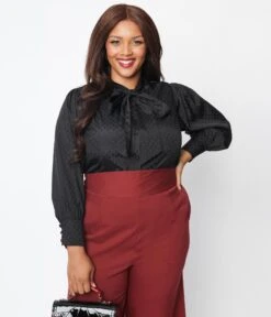 Unique Vintage Plus Size Black Satin Polka Dot Gwen Blouse -Pleaser Clothing Store unique vintage plus size black satin polka dot gwen blouse 311040