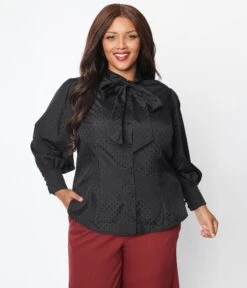 Unique Vintage Plus Size Black Satin Polka Dot Gwen Blouse -Pleaser Clothing Store unique vintage plus size black satin polka dot gwen blouse 531231