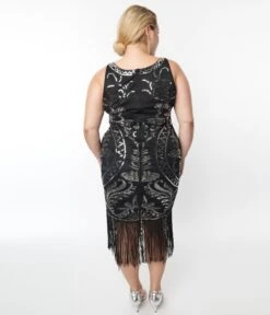 Unique Vintage Plus Size Black & Silver Sequin Sleeveless Fringe Flapper Dress -Pleaser Clothing Store unique vintage plus size black silver sequin sleeveless fringe flapper dress 385853