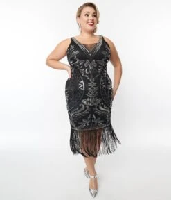 Unique Vintage Plus Size Black & Silver Sequin Sleeveless Fringe Flapper Dress