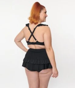 Unique Vintage Plus Size Black Smocked Ruffle Swim Bottom -Pleaser Clothing Store unique vintage plus size black smocked ruffle swim bottom 801036