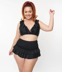 Unique Vintage Plus Size Black Smocked Ruffle Swim Bottom -Pleaser Clothing Store unique vintage plus size black smocked ruffle swim bottom 815224