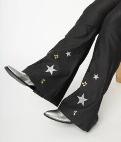 Unique Vintage Plus Size Black Stars & Music Notes Flare Jeans -Pleaser Clothing Store unique vintage plus size black stars music notes flare jeans 122022