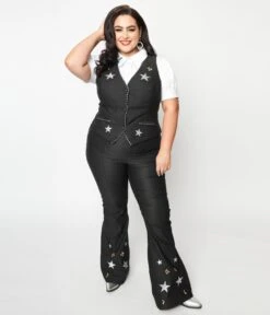 Unique Vintage Plus Size Black Stars & Music Notes Flare Jeans
