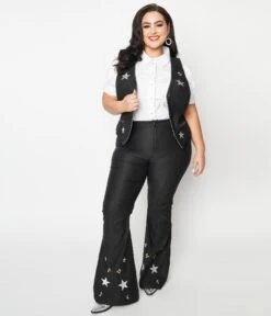 Unique Vintage Plus Size Black Stars & Music Notes Flare Jeans -Pleaser Clothing Store unique vintage plus size black stars music notes flare jeans 932426