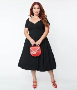 Unique Vintage Plus Size Black Sweetheart Midge Swing Dress -Pleaser Clothing Store unique vintage plus size black sweetheart midge swing dress 196417