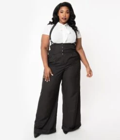 Unique Vintage Plus Size Black Thelma Suspender Pants -Pleaser Clothing Store unique vintage plus size black thelma suspender pants 429684