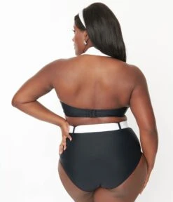 Unique Vintage Plus Size Black & White Belted Swim Bottoms -Pleaser Clothing Store unique vintage plus size black white belted swim bottoms 691813