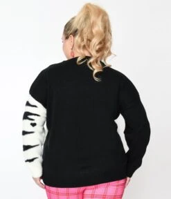 Unique Vintage Plus Size Black & White Cat Long Sleeve Sweater -Pleaser Clothing Store unique vintage plus size black white cat long sleeve sweater 709616