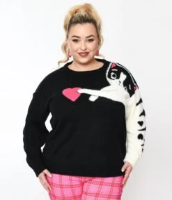 Unique Vintage Plus Size Black & White Cat Long Sleeve Sweater