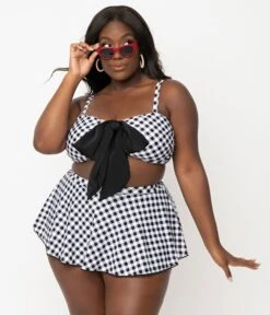 Unique Vintage Plus Size Black & White Gingham Bow Rialto Bikini Top