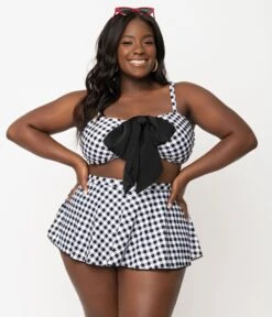 Unique Vintage Plus Size Black & White Gingham Bow Rialto Bikini Top -Pleaser Clothing Store unique vintage plus size black white gingham bow rialto bikini top 308808