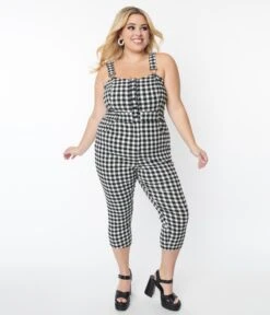 Unique Vintage Plus Size Black & White Gingham Eartha Jumpsuit -Pleaser Clothing Store unique vintage plus size black white gingham eartha jumpsuit 882818