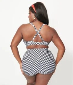 Unique Vintage Plus Size Black & White Gingham Halter Swim Top -Pleaser Clothing Store unique vintage plus size black white gingham halter swim top 380827