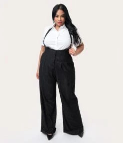 Unique Vintage Plus Size Black & White Pin Stripe Thelma Suspender Pants -Pleaser Clothing Store unique vintage plus size black white pin stripe thelma suspender pants 269254