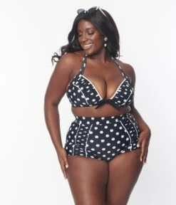 Unique Vintage Plus Size Black & White Polka Dot Halter Swim Top 6 Unique Vintage Plus Size Black & White Polka Dot Halter Swim Top -Pleaser Clothing Store unique vintage plus size black white polka dot halter swim top 316377