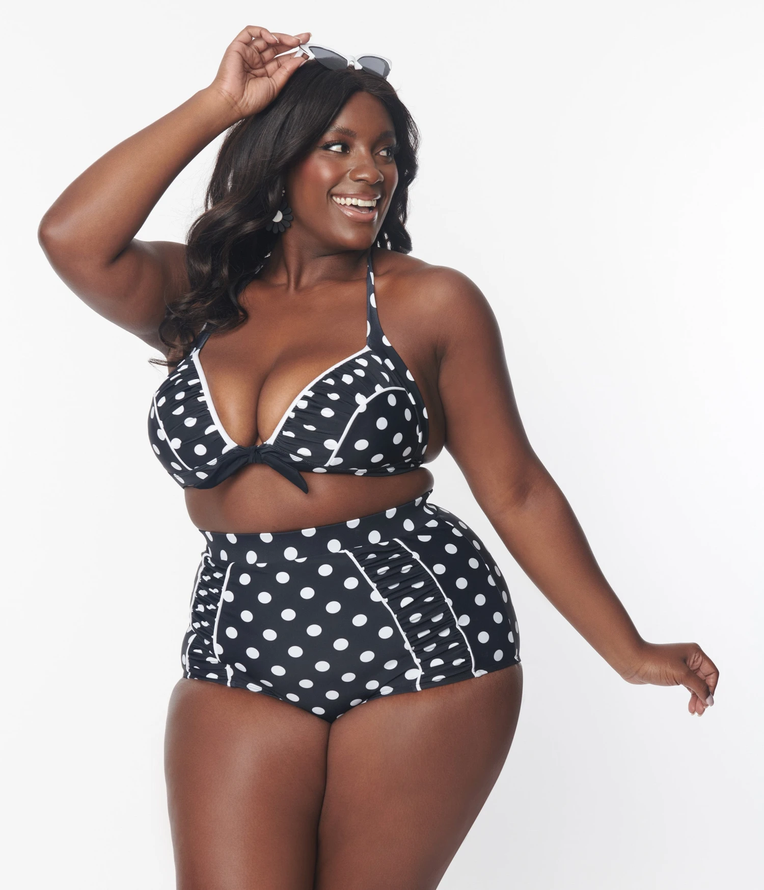 Unique Vintage Plus Size Black & White Polka Dot Halter Swim Top 1 Unique Vintage Plus Size Black & White Polka Dot Halter Swim Top