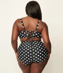 Unique Vintage Plus Size Black & White Polka Dot High Waist Louise Swim Bottoms -Pleaser Clothing Store unique vintage plus size black white polka dot high waist louise swim bottoms 536703