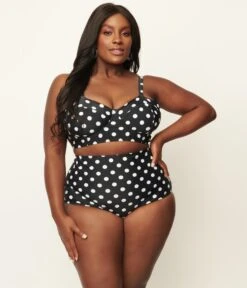 Unique Vintage Plus Size Black & White Polka Dot High Waist Louise Swim Bottoms -Pleaser Clothing Store unique vintage plus size black white polka dot high waist louise swim bottoms 540269