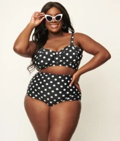 Unique Vintage Plus Size Black & White Polka Dot High Waist Louise Swim Bottoms -Pleaser Clothing Store unique vintage plus size black white polka dot high waist louise swim bottoms 571159