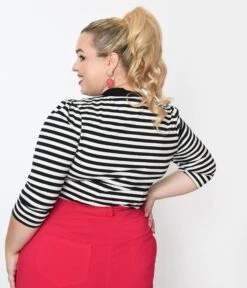Unique Vintage Plus Size Black & White Stripe Three Quarter Sleeve Sweetie Knit Top -Pleaser Clothing Store unique vintage plus size black white stripe three quarter sleeve sweetie knit top 487403