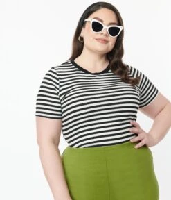 Unique Vintage Plus Size Black & White Striped Back To Basics Top -Pleaser Clothing Store unique vintage plus size black white striped back to basics top 182872