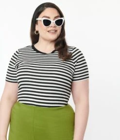Unique Vintage Plus Size Black & White Striped Back To Basics Top -Pleaser Clothing Store unique vintage plus size black white striped back to basics top 519035