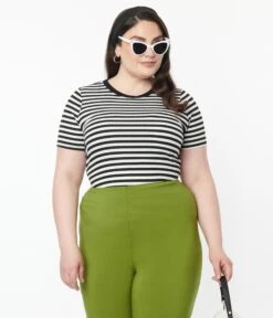 Unique Vintage Plus Size Black & White Striped Back To Basics Top