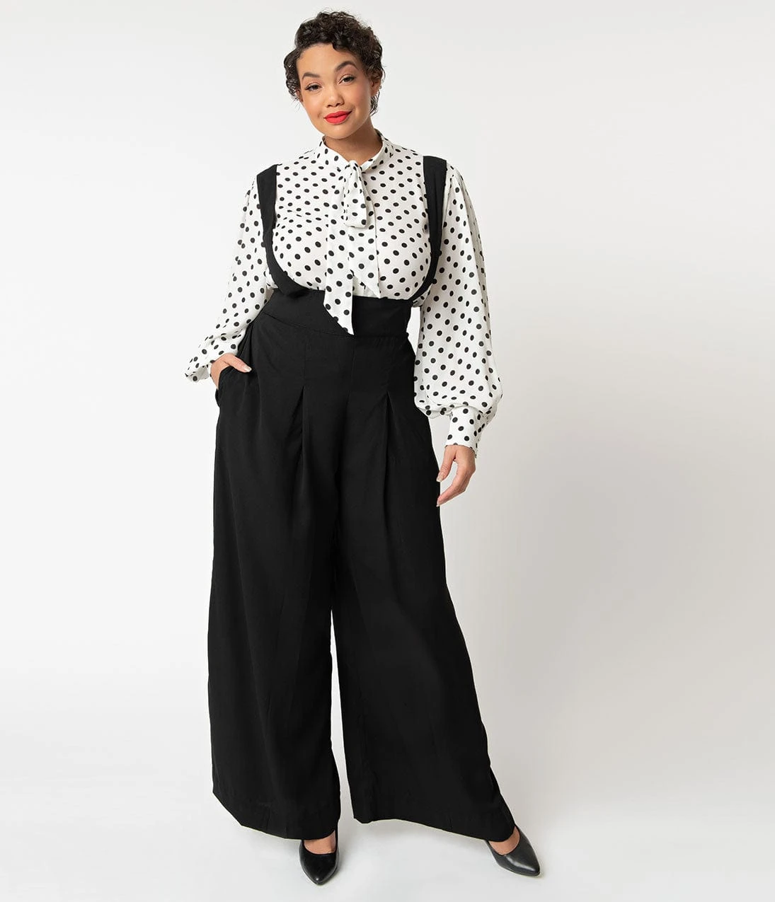 Unique Vintage Plus Size Black Wide Leg Rochelle Suspender Pants 5 Unique Vintage Plus Size Black Wide Leg Rochelle Suspender Pants - Image 5