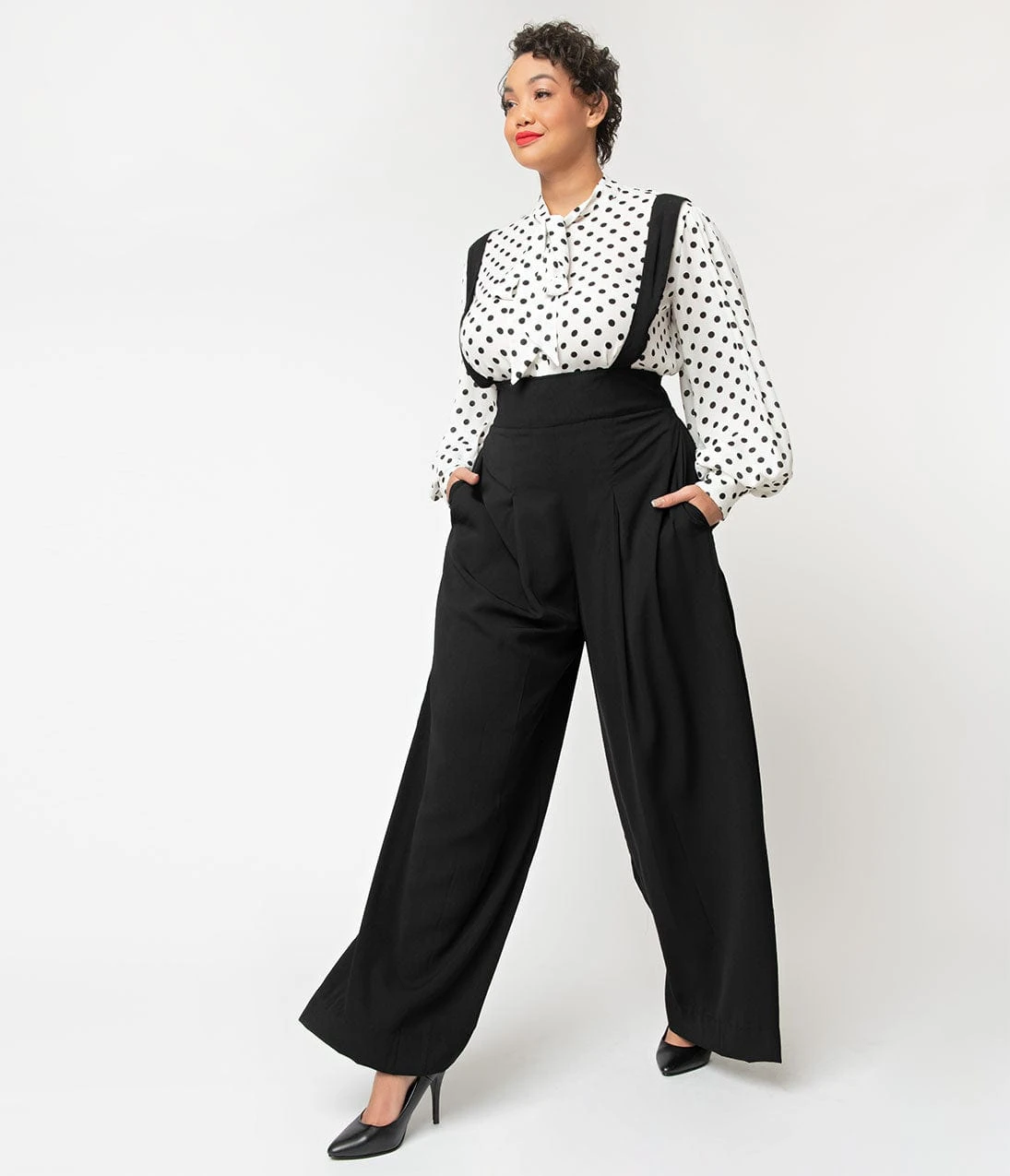 Unique Vintage Plus Size Black Wide Leg Rochelle Suspender Pants 1 Unique Vintage Plus Size Black Wide Leg Rochelle Suspender Pants