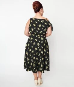 Unique Vintage Plus Size Black & Yellow Floral Bow Tie Swing Dress -Pleaser Clothing Store unique vintage plus size black yellow floral bow tie swing dress 611878
