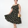 Unique Vintage Plus Size Black & Yellow Floral Bow Tie Swing Dress