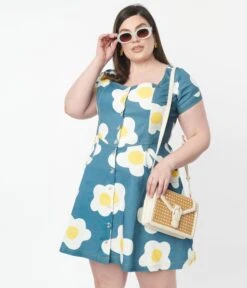 Unique Vintage Plus Size Blue Denim & Egg Flower Print Fit & Flare Dress -Pleaser Clothing Store unique vintage plus size blue denim egg flower print fit flare dress 541755